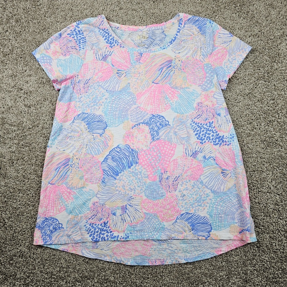 Lilly Pulitzer Etta Scoop Neck Top T-Shirt Sz Large Roar Of The Seas Blue Pink